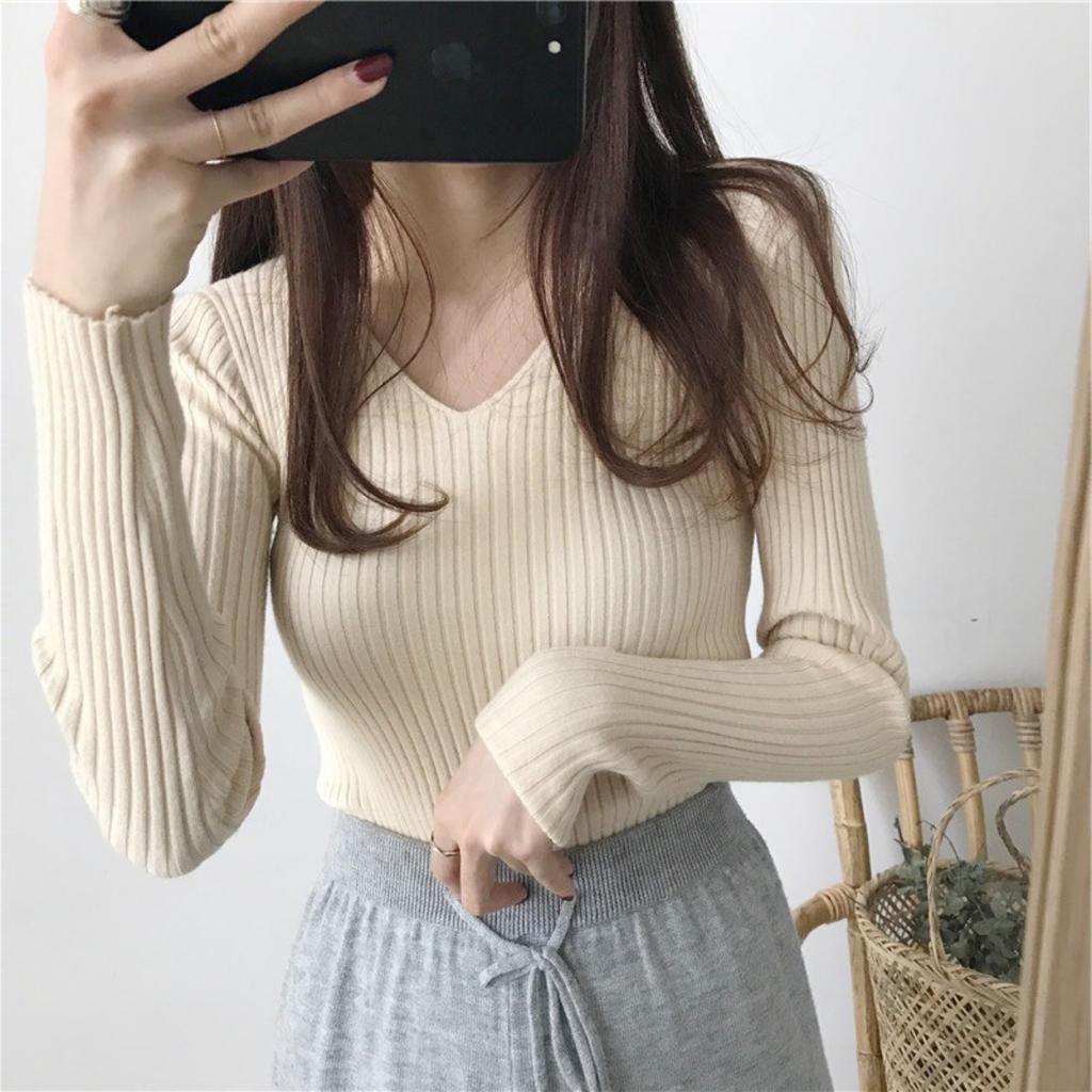 V-neck Sweater, Knitted Sweater, Women's Sweater, Stretch Sweater, Pullover Sweater, Slim Fit Sweater, Base Coat, Inner Layer, Top Coat
