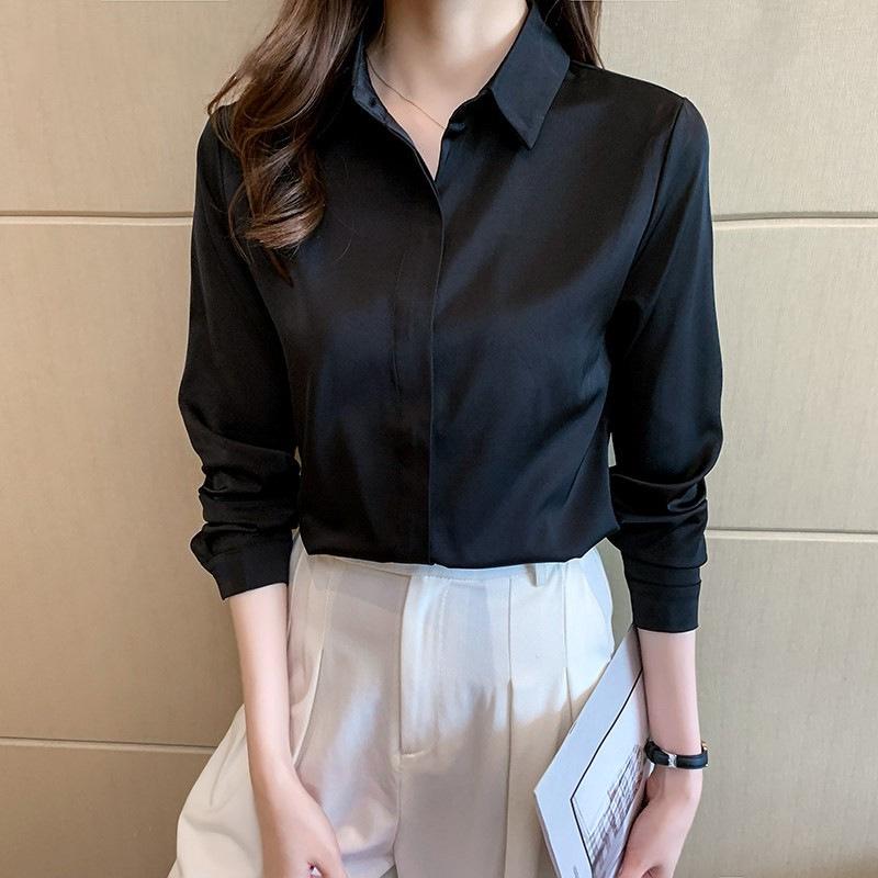 

Women s Satin White-Blue Shirt: Elegant, Iron-Free, Professional Wear XXL for 135-145 lbs