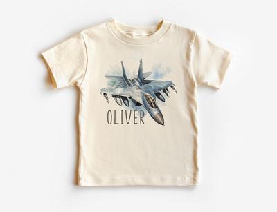 Personalized Fighter Jet Toddler Shirt - Custom Name Military Airplane Children's Tee - Boho Natural Kids Shirts