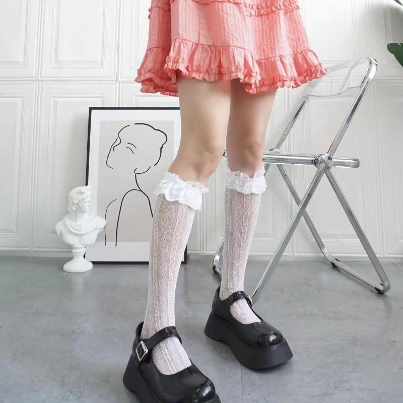 1 Pair Lace Mid Tube Socks Women's Lolita Retro Women's Love Jacquard Princess Sock White Breathable Anti Hook Silk Girls' Socks