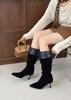 Autumn and winter pointed-toed thin-heeled long-tube sheepskin Maillard stacked medium boots
