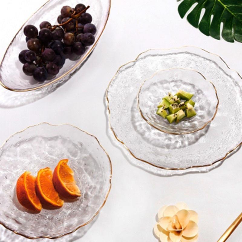 Artisan Japanese Glass Plate: Gold-Edged, Hand-Painted, Irregular Design for Western Cuisine, Fruits & Salads.