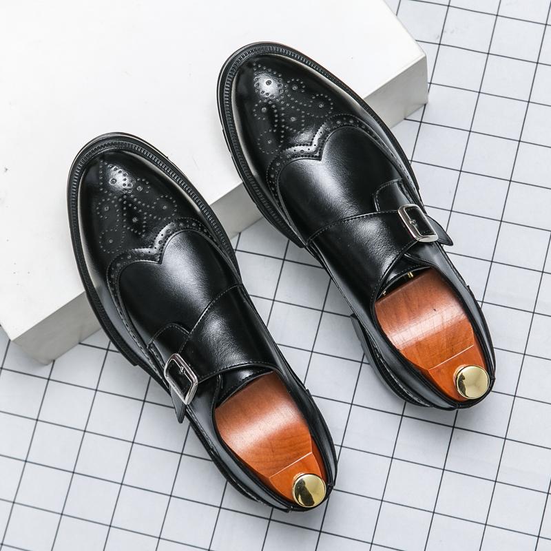 Fashionable Block Leather Shoes Spring/Summer Men Business Dress Buckle Thick Sole Increase Comfortable Round Head Leather Shoes