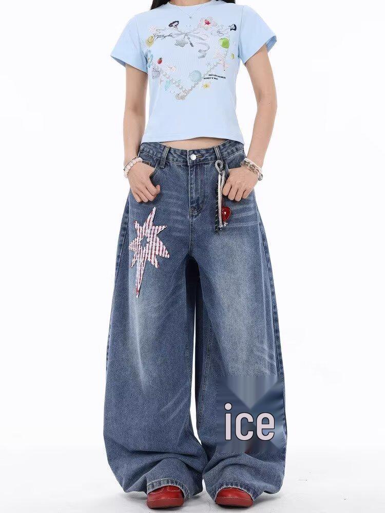 

Vintage Star Patch Curved Blade Wide-Leg Jeans - Women s American Wash Retro Style 3X-Large