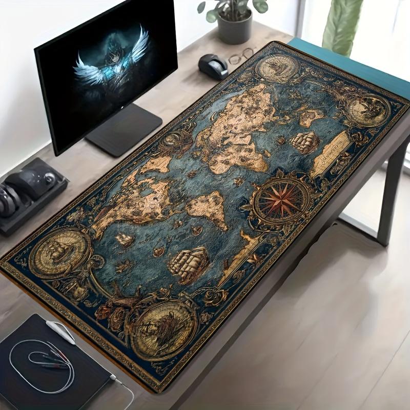 VIKAMA Vintage World Map Gaming Mouse Pad with Sailboats And Nautical Elements, Non-Slip Washable Rubber Base, Spacious Desk Mat