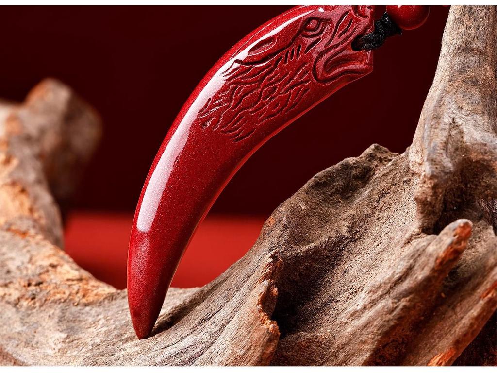 Putuoshan Cinnabar Wolf Tooth Pendant Necklace - Safety Amulet Gift for Women, Men, or Boyfriend