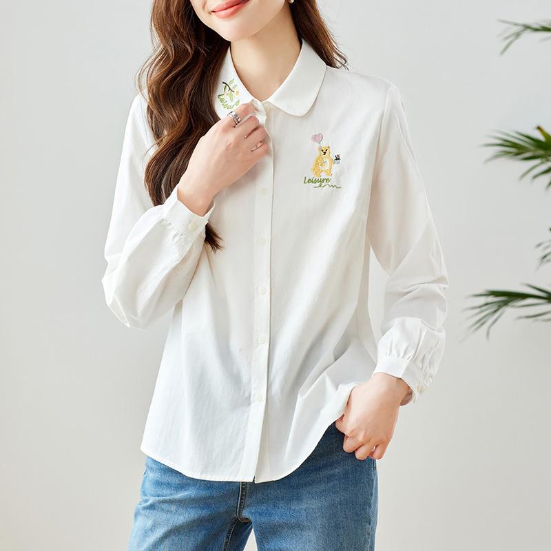

Вышитая рубашка с лацканами для женщин в весеннем новом стиле для通勤, корейская свободная хлопковая блузка для женщин 2XL белый