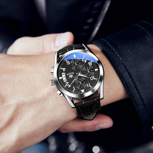 OLEVS Men's Stylish Black Watch, Simple Design, Waterproof, Business Watch with Date Display, Leather Quartz Movement, Analog Chronograph Watch, Popul