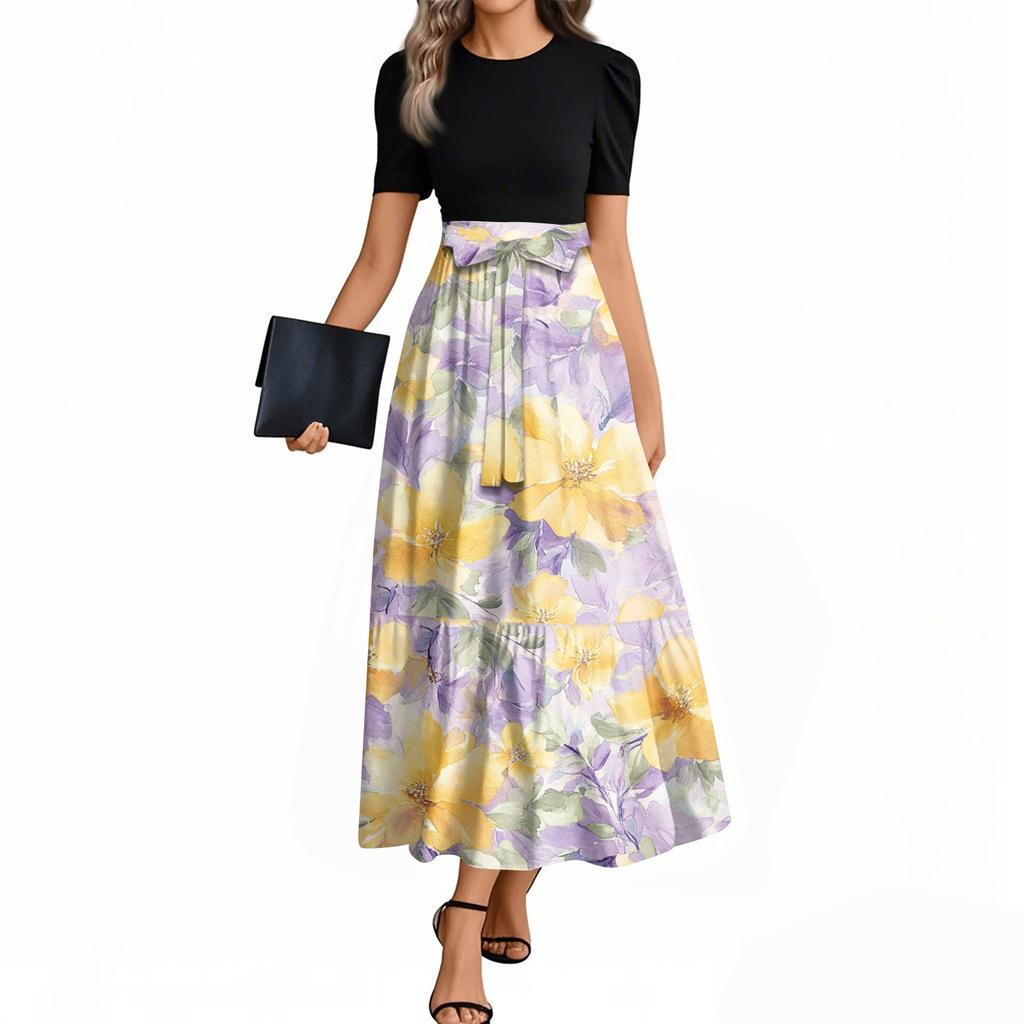 Women's Fashion Casual Belt Short Sleeve Round Neck Floral Stitching Elegant Temperament Dress