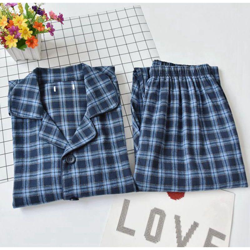 

Men s Brushed Pajamas Spring and Autumn Cotton Long-Sleeved Trousers Blue grid L
