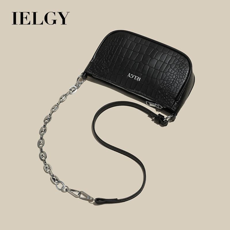 IELGY Elegant Women's Top-handle Bag With Chain Decoration And Crocodile Pattern - Black/White