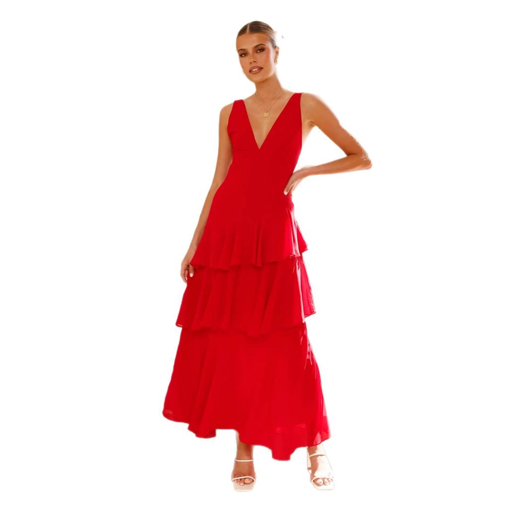 Summer Holiday Style V-neck Solid Color Splicing Long Halter Strap-on Dress 75