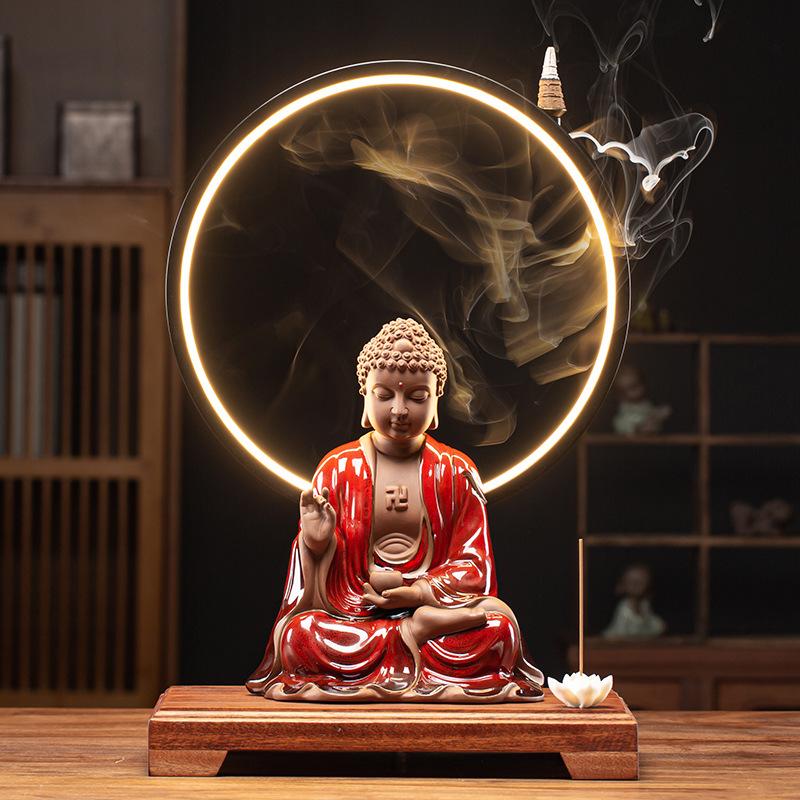 Chinese-style Buddha statue lamp ring decoration, ceramic Sakyamuni, creative entrance hall and Zen-inspired decoration for livi