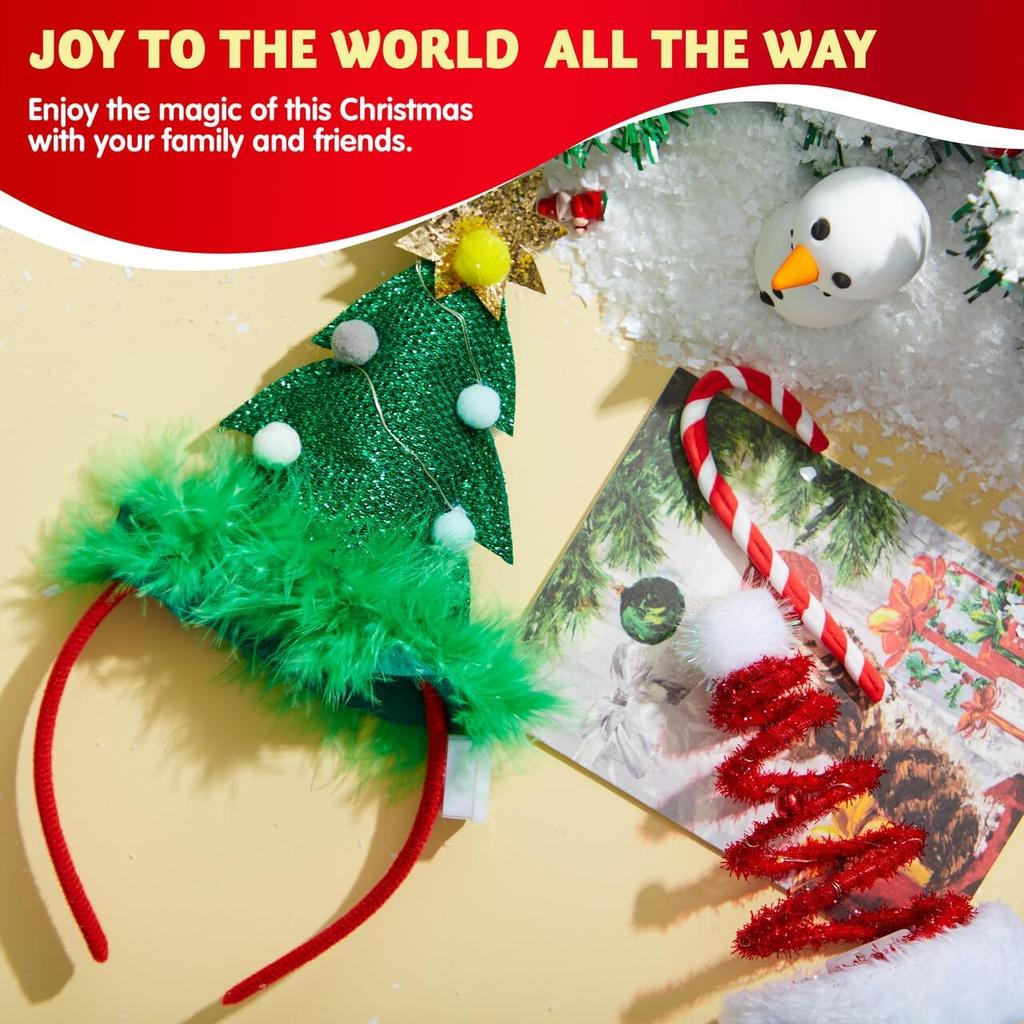 JOYFY 2 PCS Lighted Christmas Headbands with LED Lights In Springy Santa Hat Tree Designs for Christmas and Holiday Parties