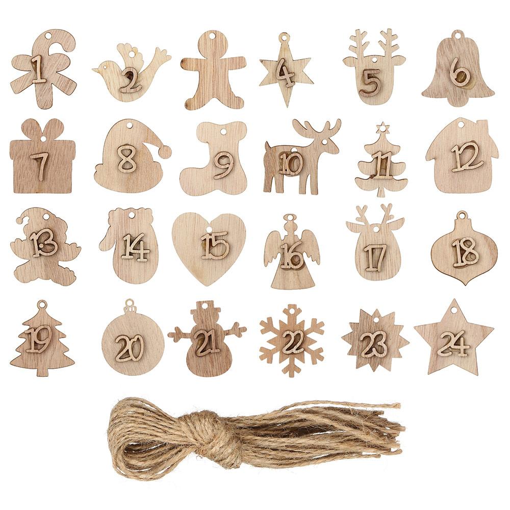 24pcs/set DIY Clips Xmas Ornament Wooden Pendant Countdown Hanging Tags Number Label Christmas Advent Calendar L