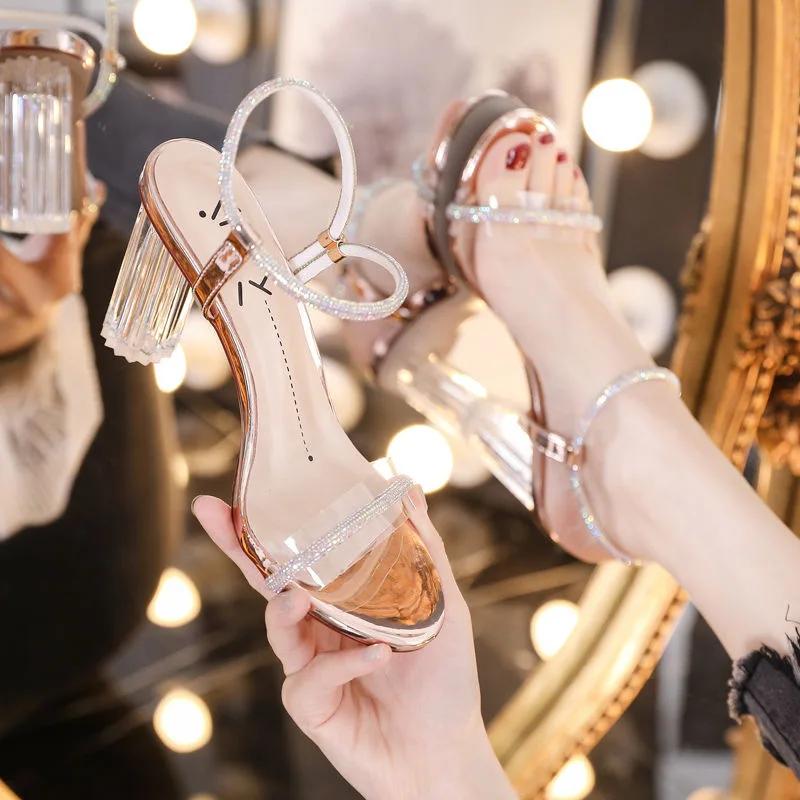 

Fashion Crystal High Heels Women s New Internet Celebrity Transparent French One-word Strap Sandals 35