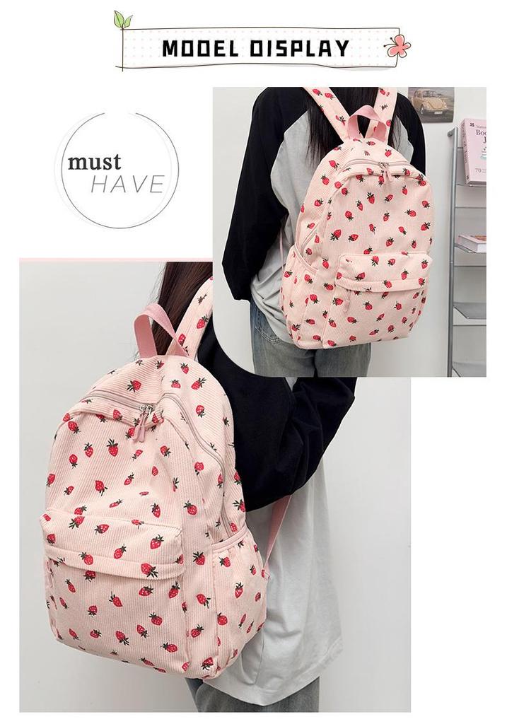 Korean Style Corduroy Strawberry Backpack for Trendy College Girls