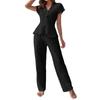 Women's Short-Sleeve Knit Cardigan with Tie-Strap Pajamas Cropped Top with Ruffle Trim and Long Pants—Women's Loungewear Set