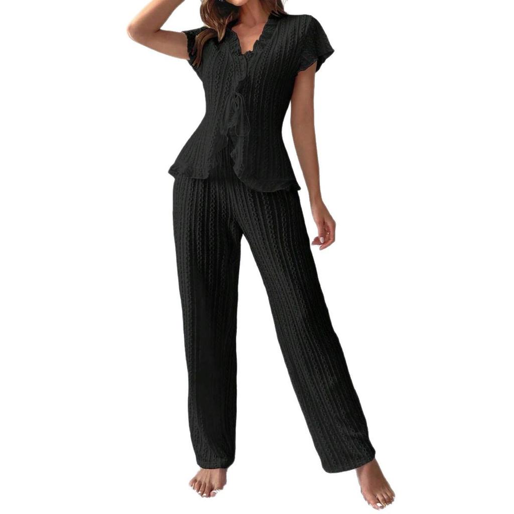 Women's Short-Sleeve Knit Cardigan with Tie-Strap Pajamas Cropped Top with Ruffle Trim and Long Pants—Women's Loungewear Set