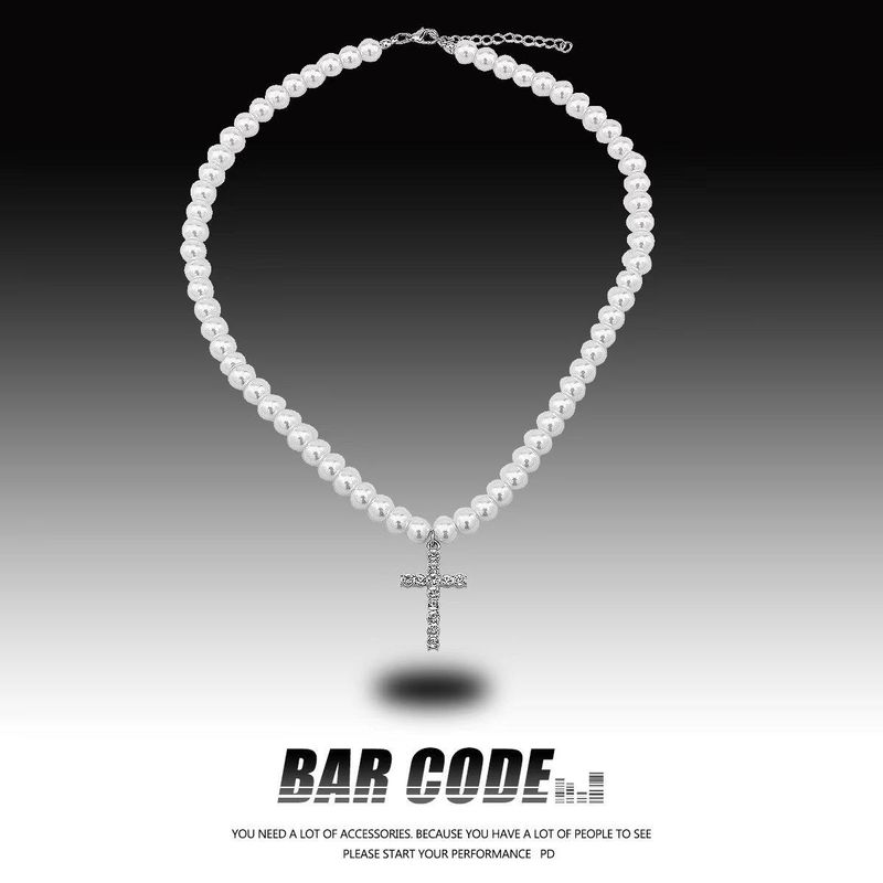 

Barcode Special Interest Light Luxury Pearl Cross Necklace Men s Trendy Fashion Style High Street Ins Hip Hop Clavicle Chain Women Diamond Cross [Pearl Chain]