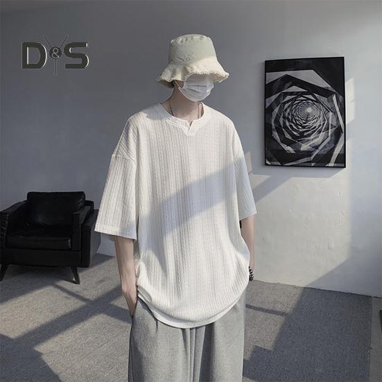 Męski T-shirt Mały Dekolt V Krótki Rękaw Tekstura Skręcana Koszulka Jednolity Kolor Luźny Krój Jedwab Lodowy Codzienne Topy