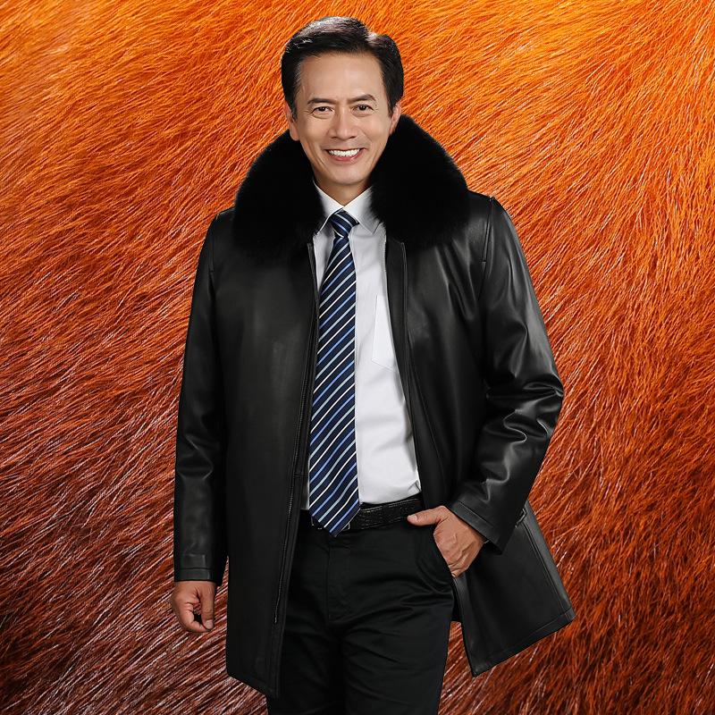 Men's Mid-Length Leather Coat with Fox Fur Collar and Detachable Rabbit Fur Liner – Thick, Warm, Plus Size Jacket for Mid-Aged and Elderly.