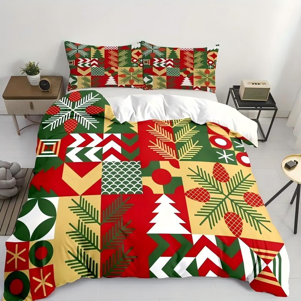 Grid Snowflake Tree 3D Printed Duvet Cover Set Christmas Theme Bedding Set Comfortable Soft Luxury Quilt Cover Set Pillowcases