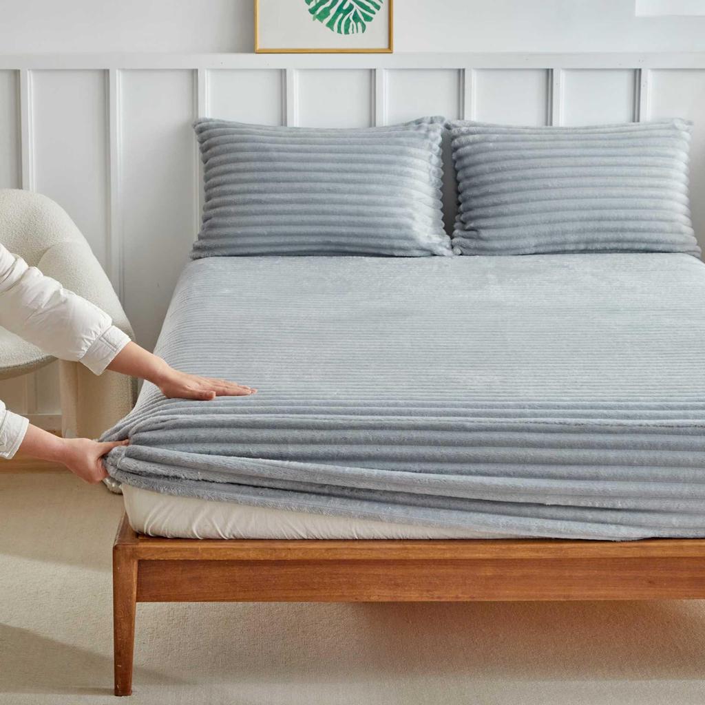 Hautfreundliches doppelseitiges Fleece-Spannbettlaken mit Kordelzug - Dickes Milchsamt Unifarbe Tagesdecke.