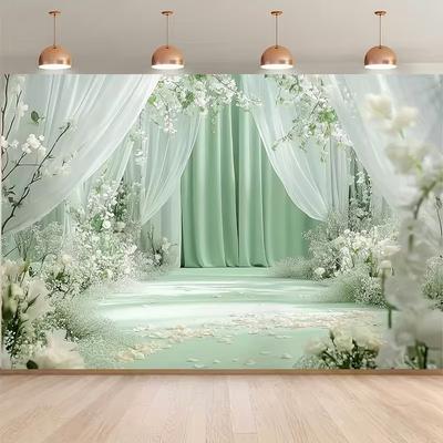 2D Sage Green Curtain Backdrop White Flower Wedding Photography Background