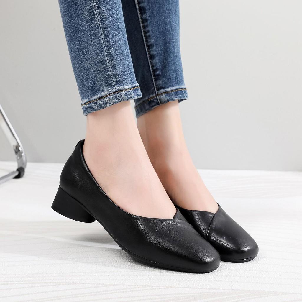 Women's Genuine Leather Formal Low-Heel Square-Toe Shoes, Soft Sole & Surface, Versatile for Work