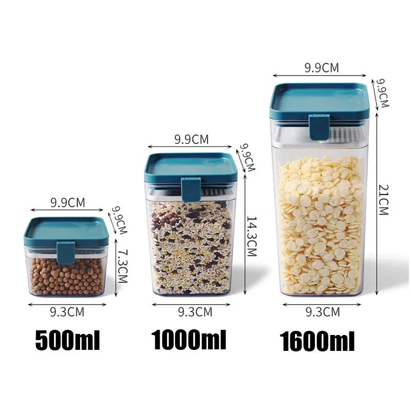 Transparent Sealed Plastic Food Storage Container for Kitchen Refrigerator, 500/1000/1600ML Noodle Box, Multigrain Storage Tank