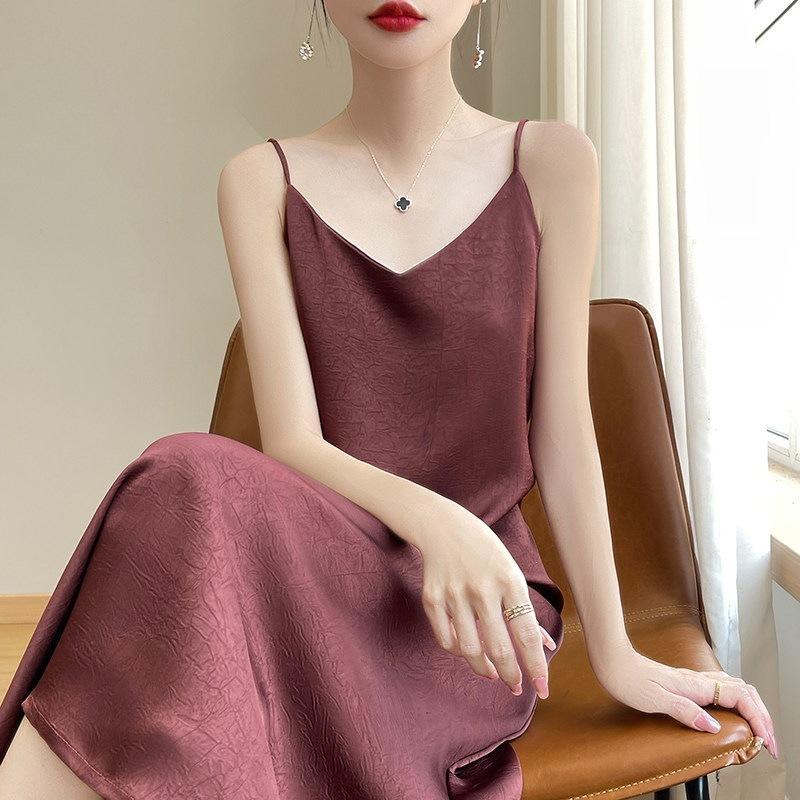 Light Luxury High-end Style Printed Satin Suspender Dress Women's New Temperament New Chinese Acetic Acid Dress