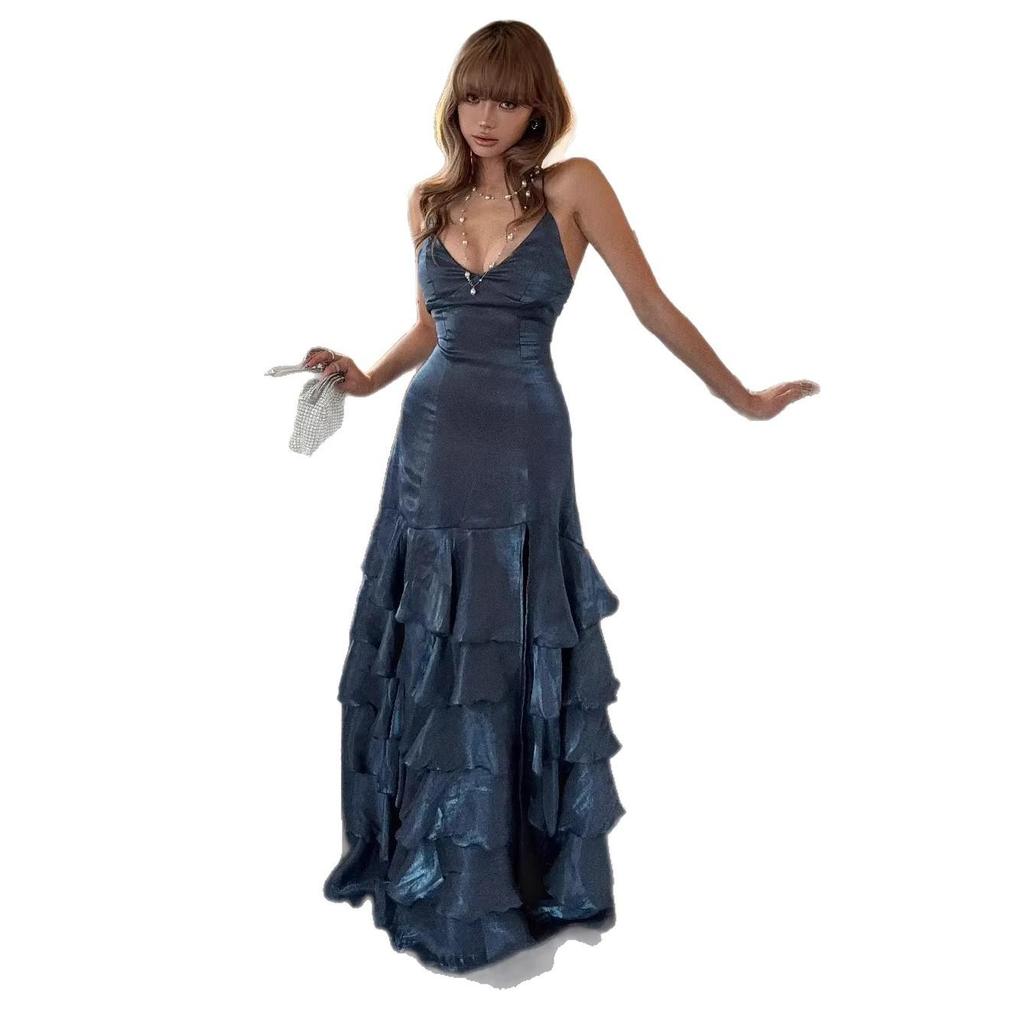 2026 Summer European & American Women's U-neck Spaghetti Strap Mermaid Ruffle Skirt