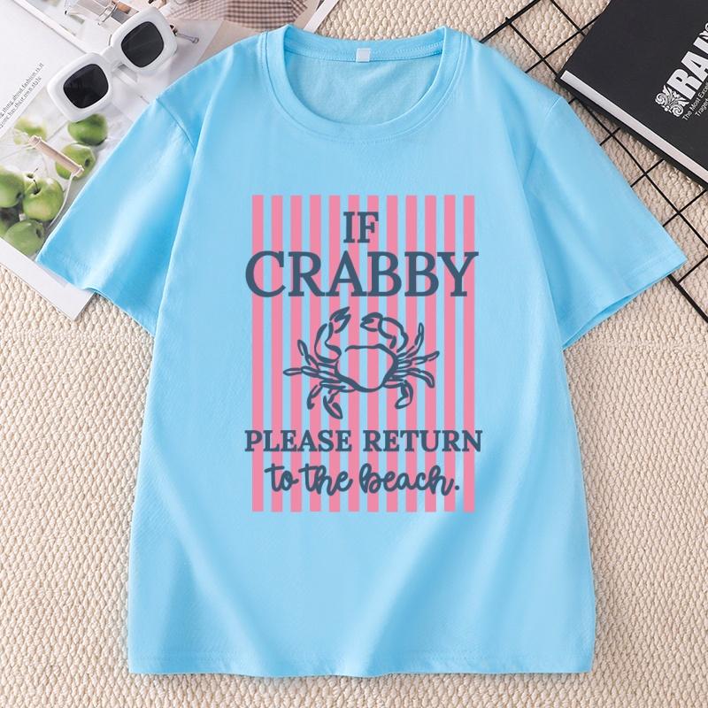 If Crabby Please Return To The Beach T Shirts Striped Short Sleeve Cotton Beach Vacation TShirt Design Funny Crab Graphic Tees