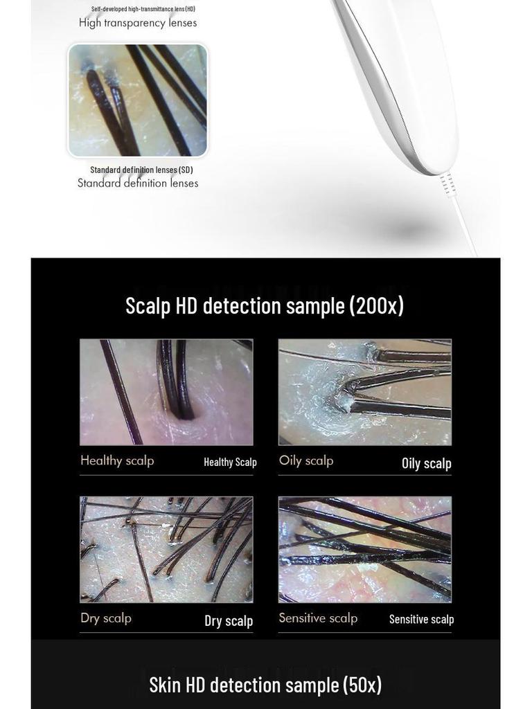 Tri-Spectrum HD Dual-Lens Scalp and Skin Detector with Four-Grid Comparison for Hair Salons