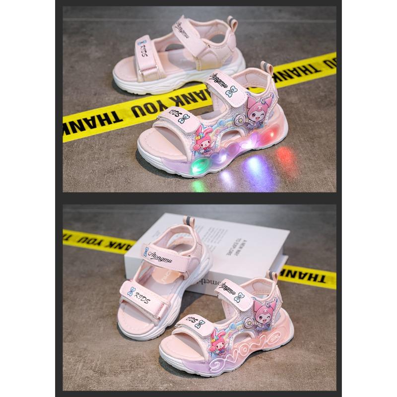 New summer girls princess sandals, kids hook & loop luminous beach shoes