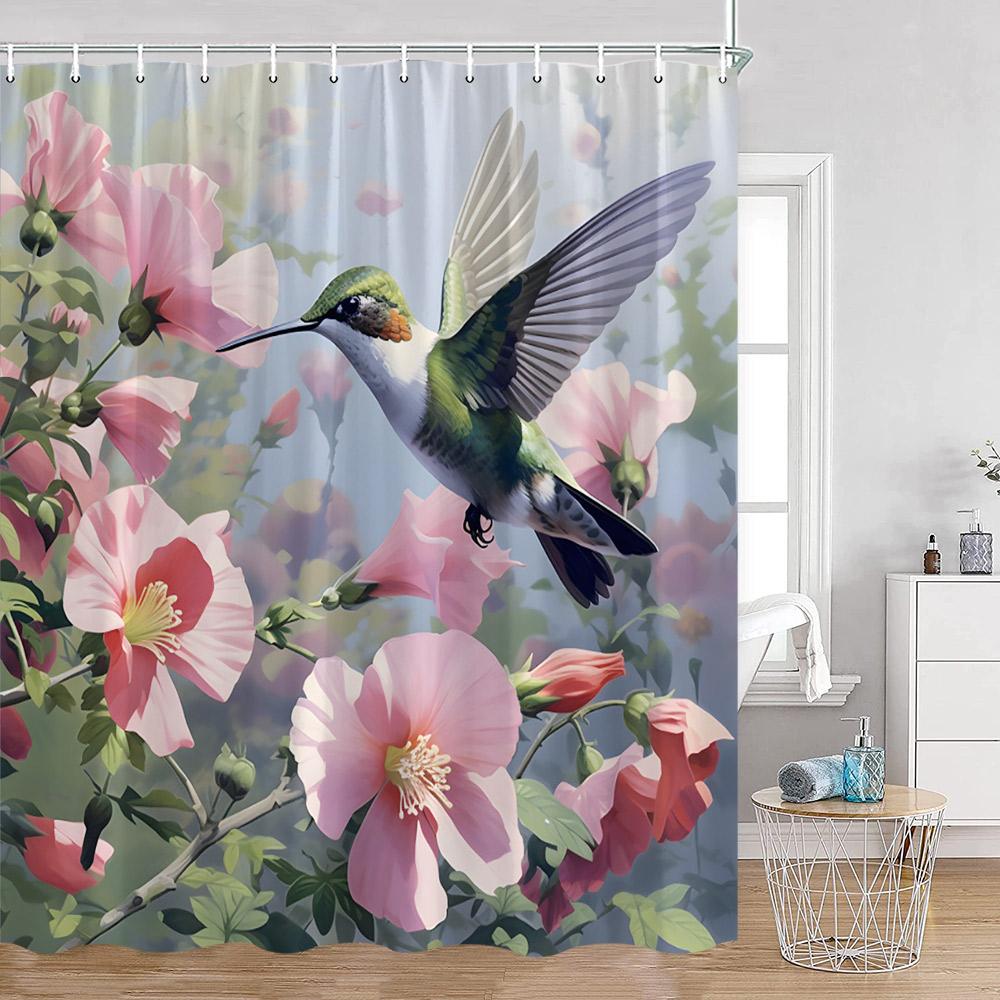 Rideaux de douche Colibri Aquarelle Florale Papillon Fleurs Épanouies Plantes Floraison Décor de Baignoire Printemps