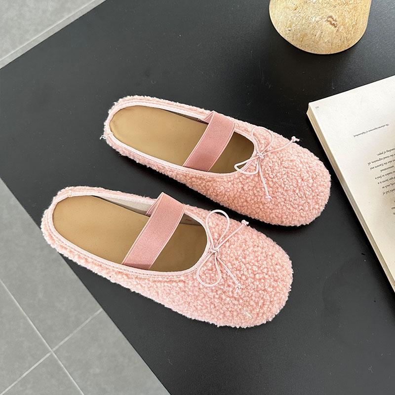Mode Winter Warm Damen Flach mit Fellschuhen Mode Schmetterlingsknoten Damen Pantoletten Fell Hausschuhe Lässig Outdoor Indoor Weibliche Pantoletten