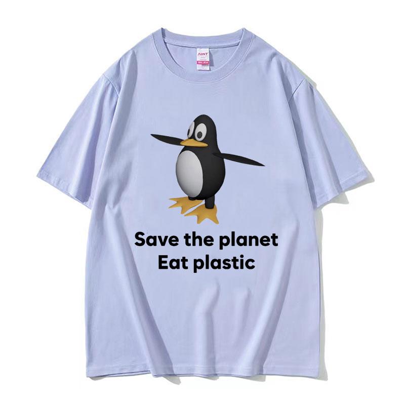 Save The Earth Eat Plastic Funny Meme TShirt Cute Penguin Graphics Mens T Shirt Fashion Casual Oversized Short Sleeve Tshirts