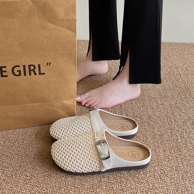 Fashion CRLAYDK Mule for Women Backless Loafers Slip On Mesh Hollow Out Flat Casual Walking Ladies Slides Closed Toe Buckle Slippers