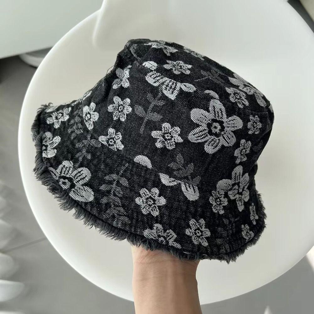 Washed Denim Fisherman Hat Frayed Brim Sunscreen Sun Cap Retro Cowboy Bucket Hats Travel