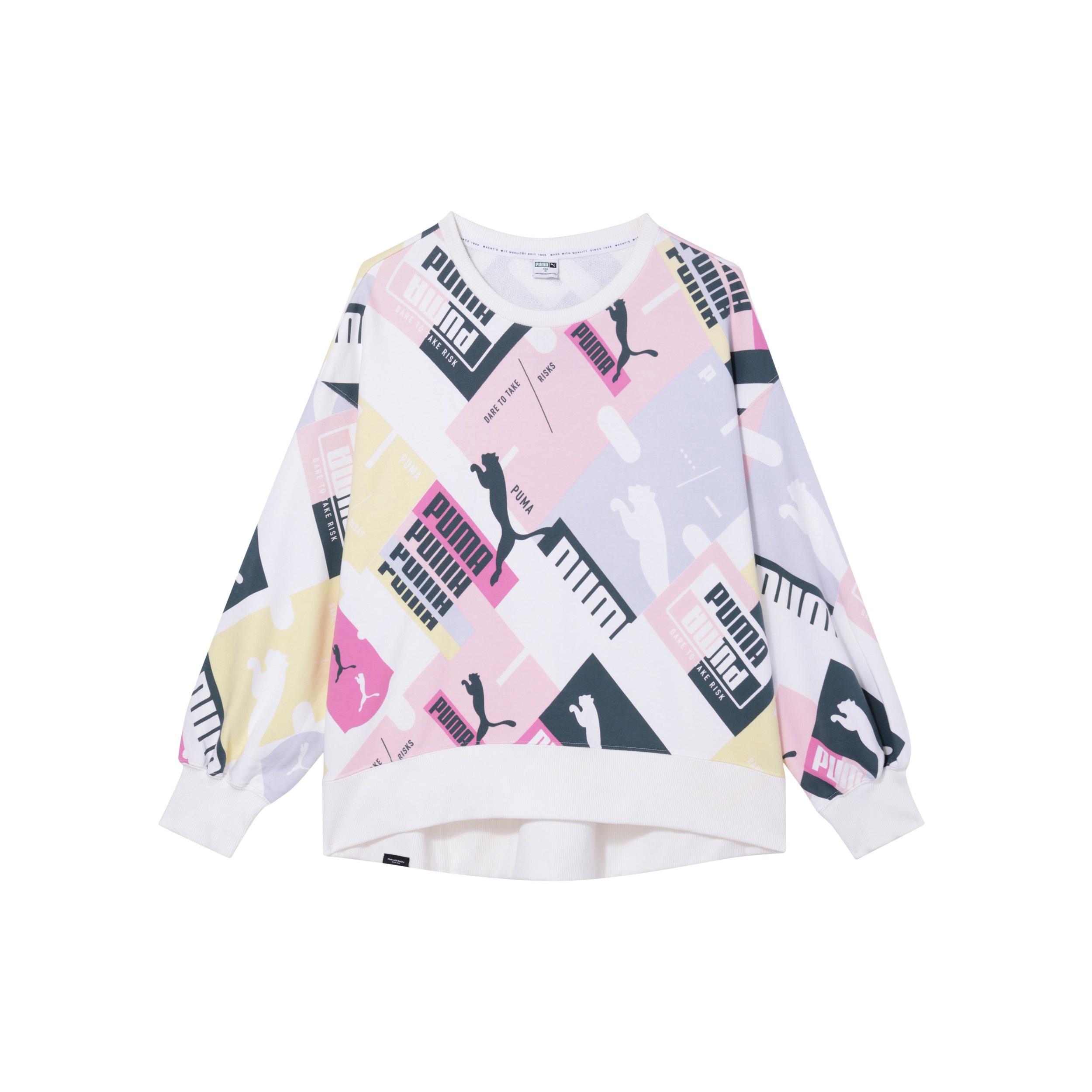 (WMNS) PUMA Full Print Logo Colorblock Loose Round Neck Pullover Hoodie White Women s 535348-52 L