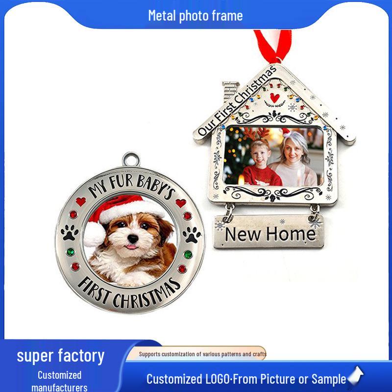 

2026 Christmas Metal Photo Frame Ornament with Rotating Base House Photo Frame
