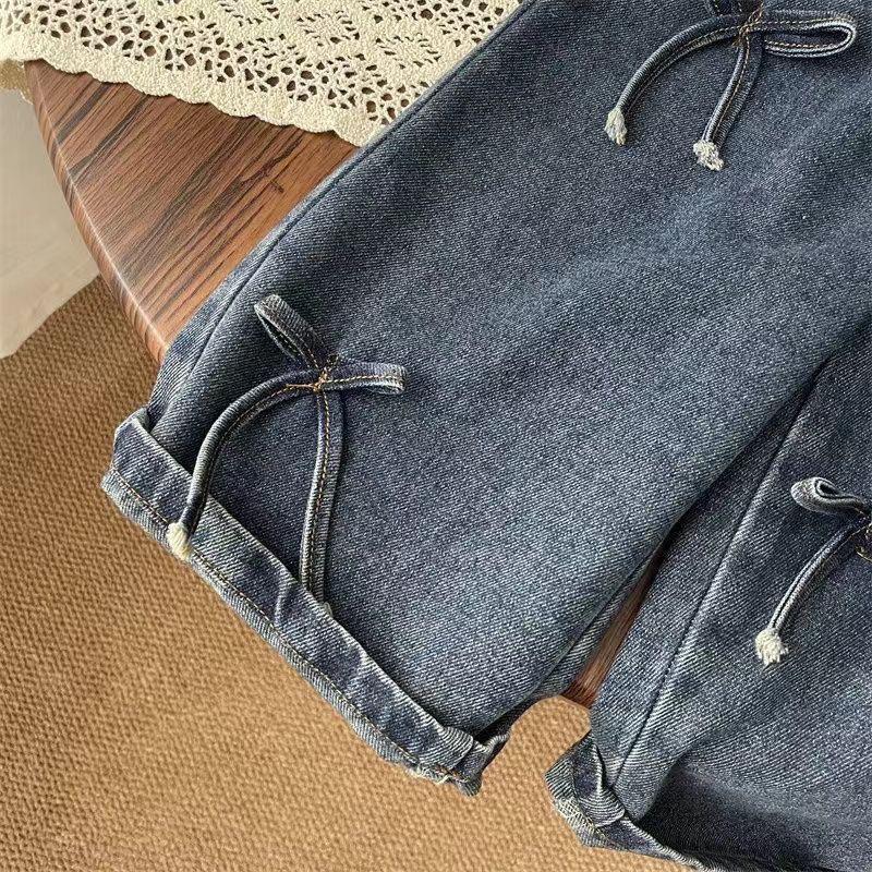Frühling Herbst Mädchen Baby Lockere Version von Kinder Koreanische Schleife Denim Gerade Hosen Weiter Bein Hosen Hosen