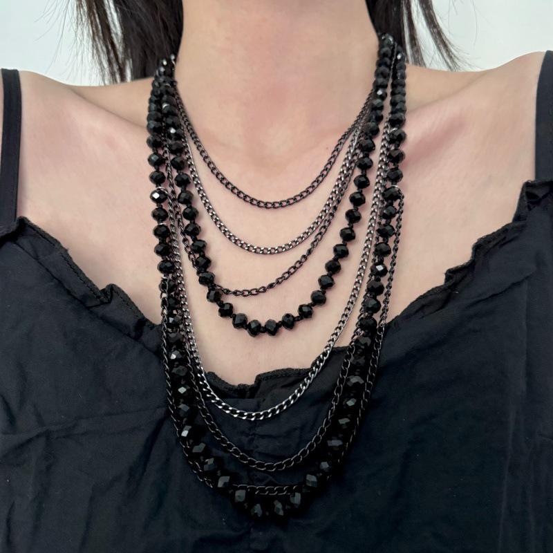 Elegant Dark Multi-Layer Bead Chain Necklace - Women's Fashion Layered Choker Clavicle Chain