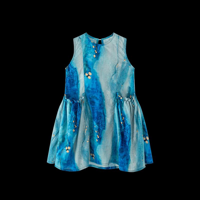 Girls' Sea Blue Cotton Suspender Beach Dress