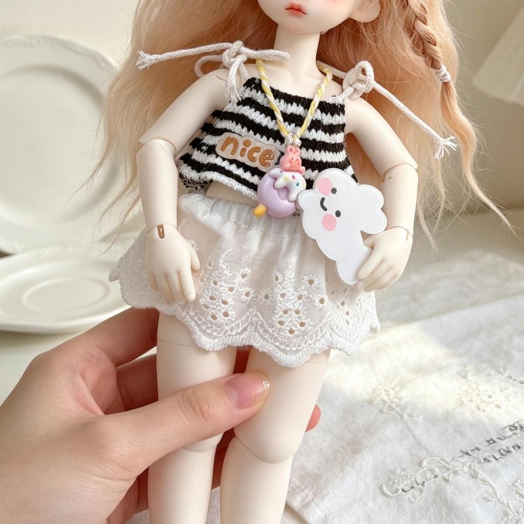 10cm doll Striped Camisole Set Tie Straps Lace Skirt Outfit Ruffled Hem Clothes