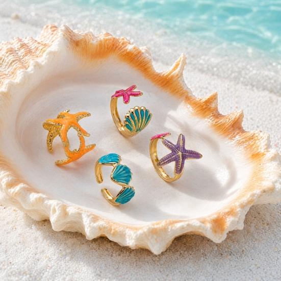 4Pcs/Set Ocean Series Ring Set, Multiple Styles Starfish Shell Design Finger Ring, Alloy Adjustable Stacking Rings for Jewelry Gift
