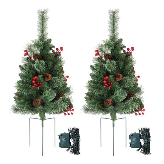 Lighted Artificial Christmas Urn Filler Battery Operated Pre-lit Xmas Pine Tree with Tripod Stake And 50 LED Light Outdoor Planter Filler