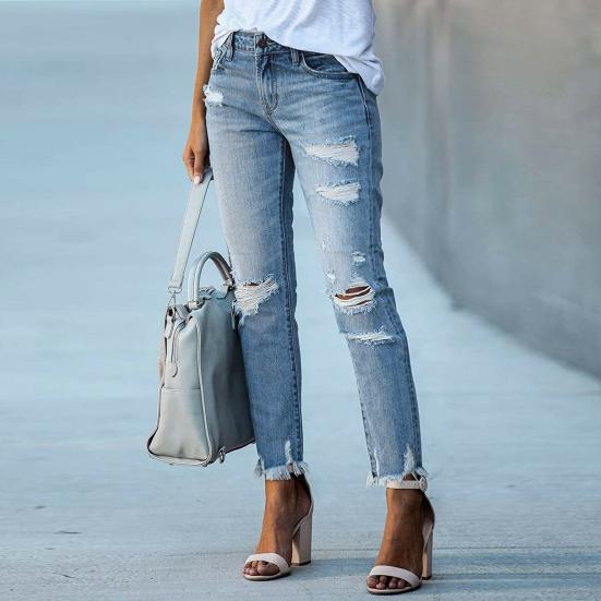 Women's Skinny Ripped Jeans Mid Rise Distressed Destroyed Denim Pants with Pockets Stretchy Slim Fit Jean Trousers